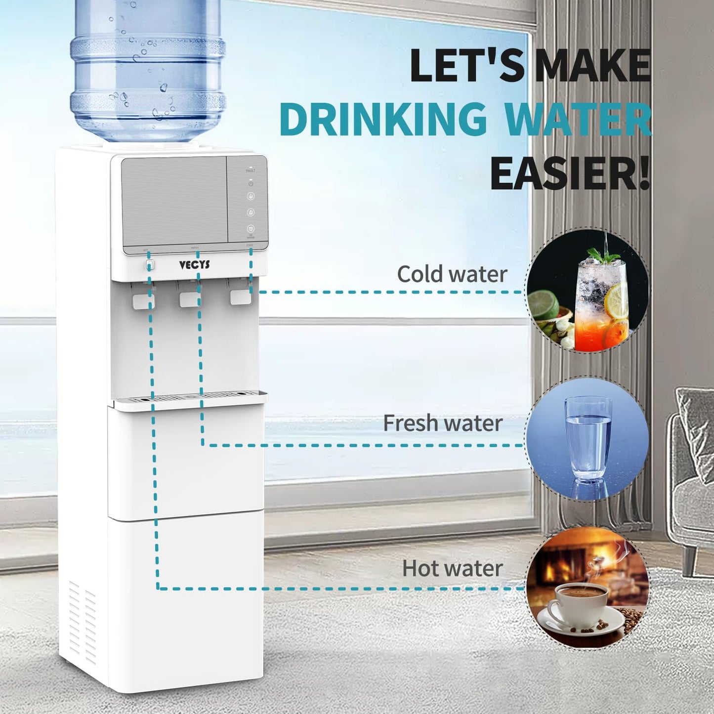 VECYS Hot and Cold Water Dispenser with Ice Maker, 27LBS Daily Ice Making, Child Safety Lock and Compatible with 3 or 5 Gallon Bottles, Ideal for Home and Office, White