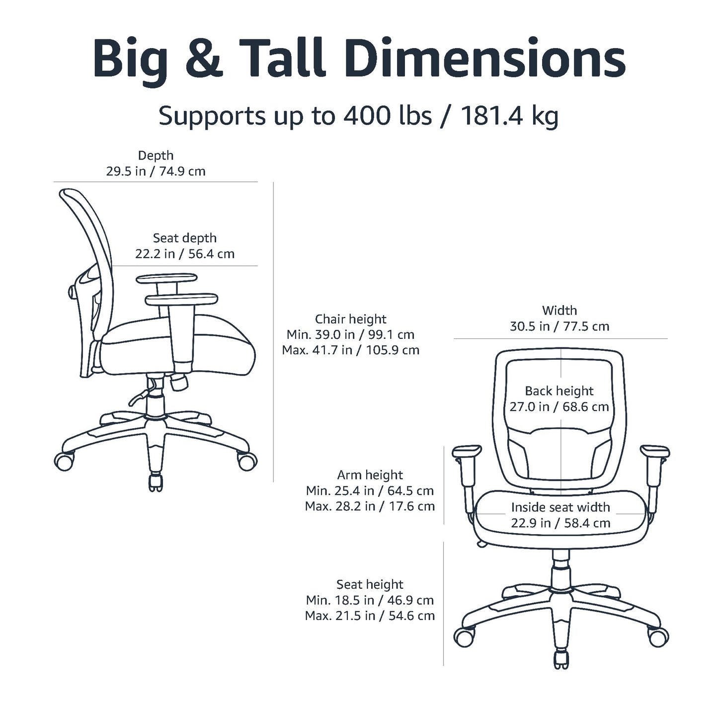 Amazon Basics Big and Tall Mesh Office Chair with Adjustable Arms and Lumbar Support, 400lbs Capacity, Black (Previously AmazonCommercial brand)