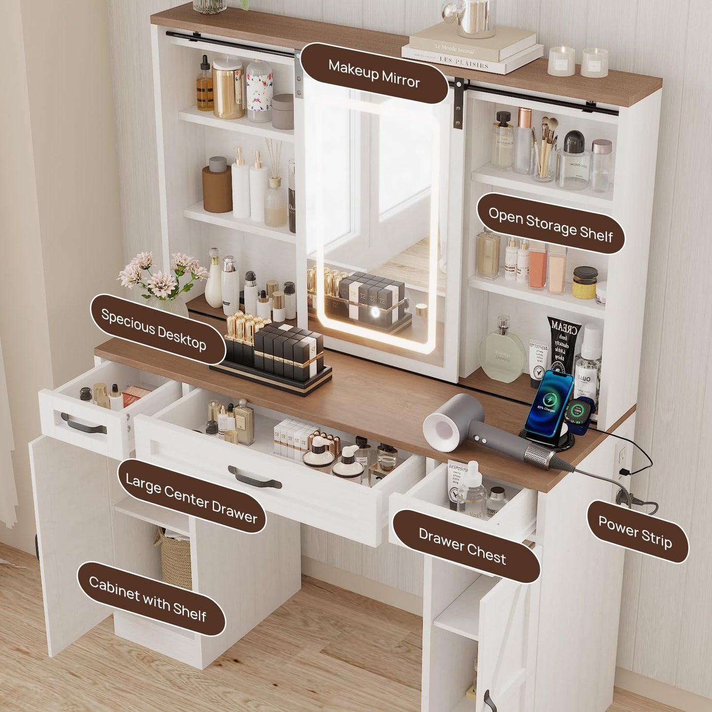ALBAD Vanity Desk with Mirror and Lights Farmhouse Makeup Vanity Desk with Sliding Mirror and Vanity Stool Set Rustic Vanity Dresser with Organization and Storage Drawers and Power Outlet White