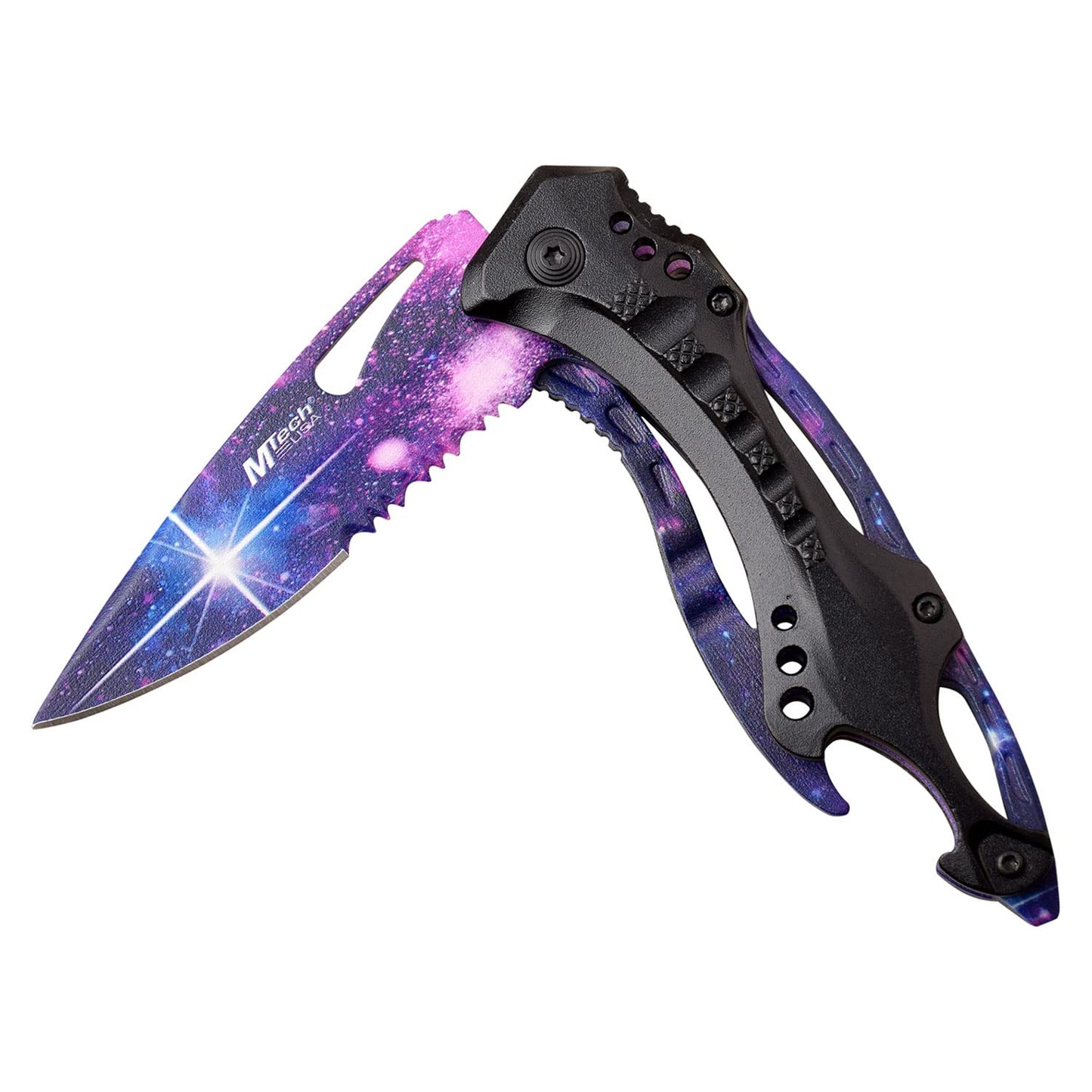 MTech USA – Folding Knife – Partially Serrated Stainless Steel Blade and Liner w/Printed Galaxy Design, Black Aluminum Handle, Screwdriver, Pocket Clip, EDC - MT-A705GLX