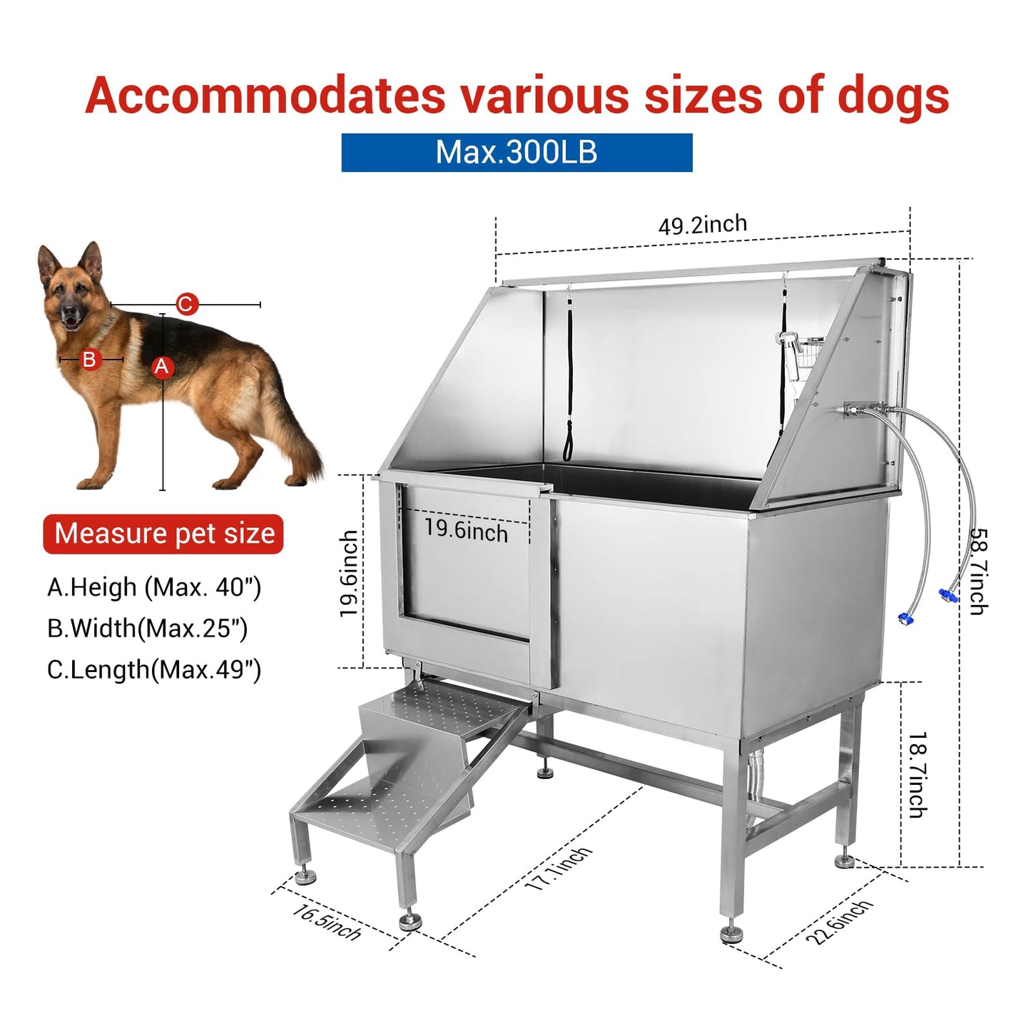 Garvee 50'' Dog Grooming Tub, Professional Dog Washing Station with Retractable Stairs, Stainless Steel Pet Bathtub for Small & Large Dog, Left Door