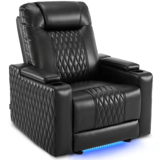 MCombo Oversized Power Recliner Chair for Adults with Power Headrest & LED Light, Faux Leather Recliner Chair for Living Room & Home Theater, USB Port, Armrest Storage HTS401 (Faux Leather, Black)