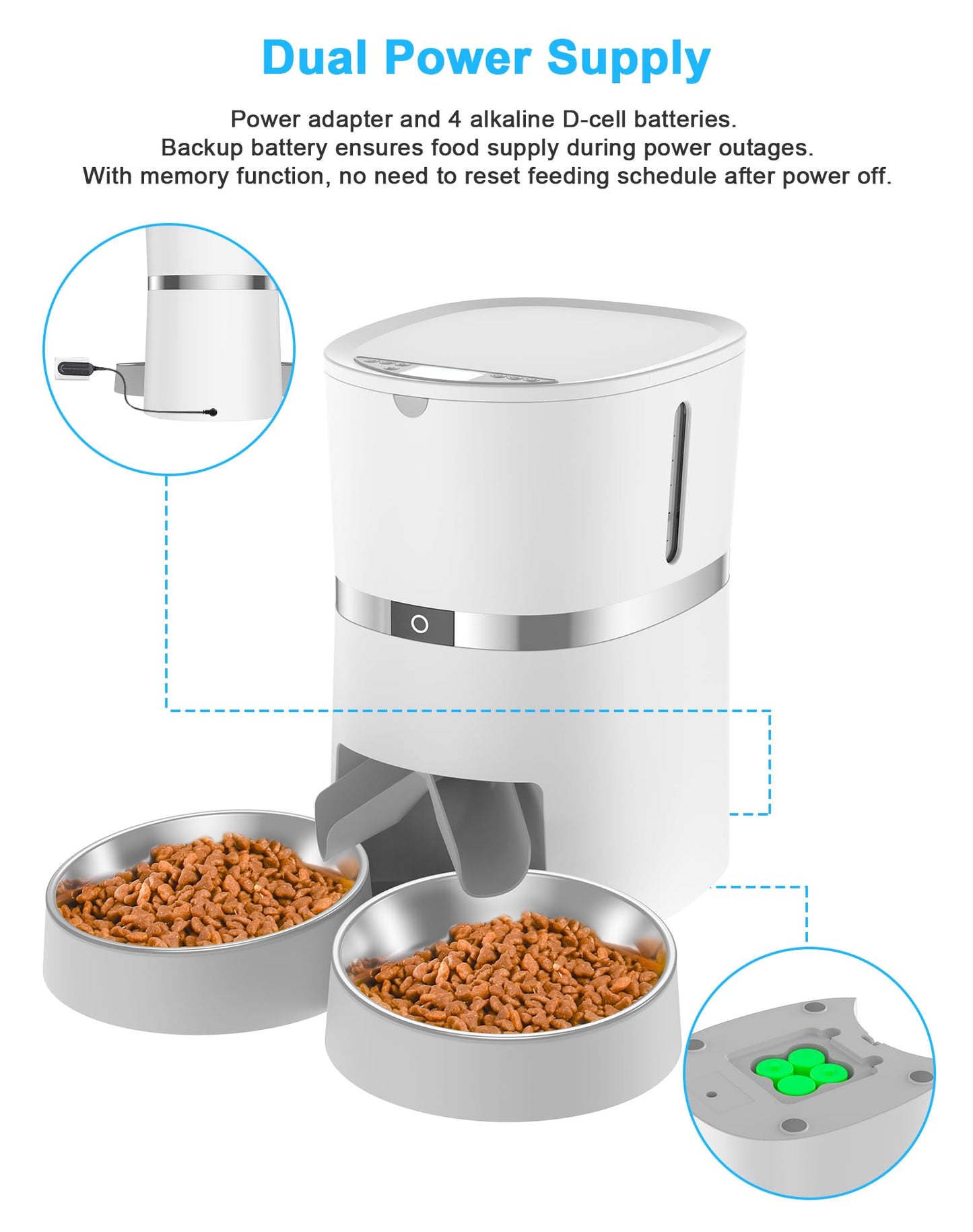 Automatic Cat Feeder, WellToBe Pet Feeder Food Dispenser for Cat & Small Dog with Two-Way Splitter and Double Bowls, up to 6 Meals with Portion Control, Voice Recorder - Battery and Plug-in Power