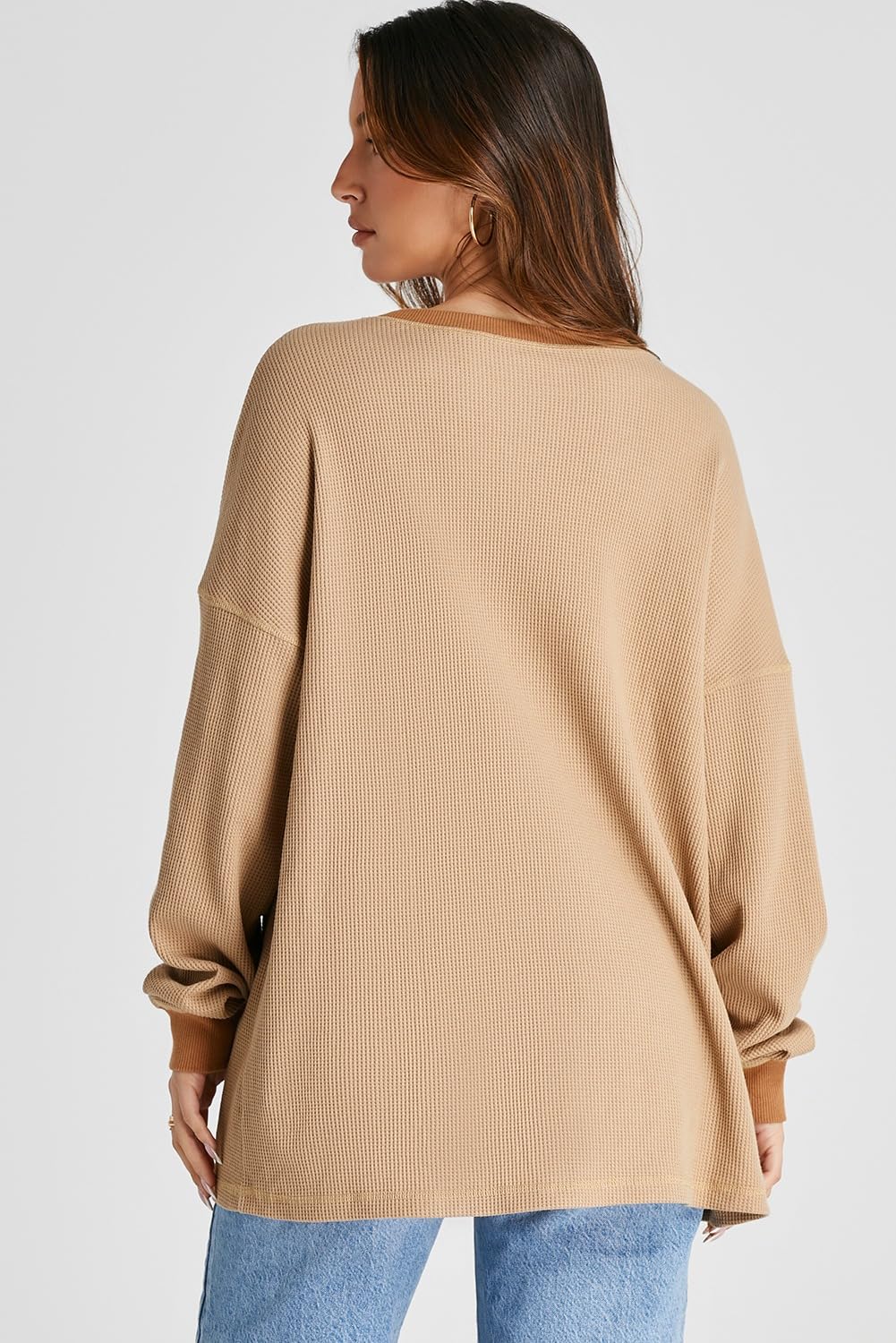 AlvaQ Sweatshirts for Women 2024 Casual Waffle Knit Tops Shirts Long Sleeve Drop Shoulder Oversized Sweatshirts Fall Fashion Outfits Khaki Large