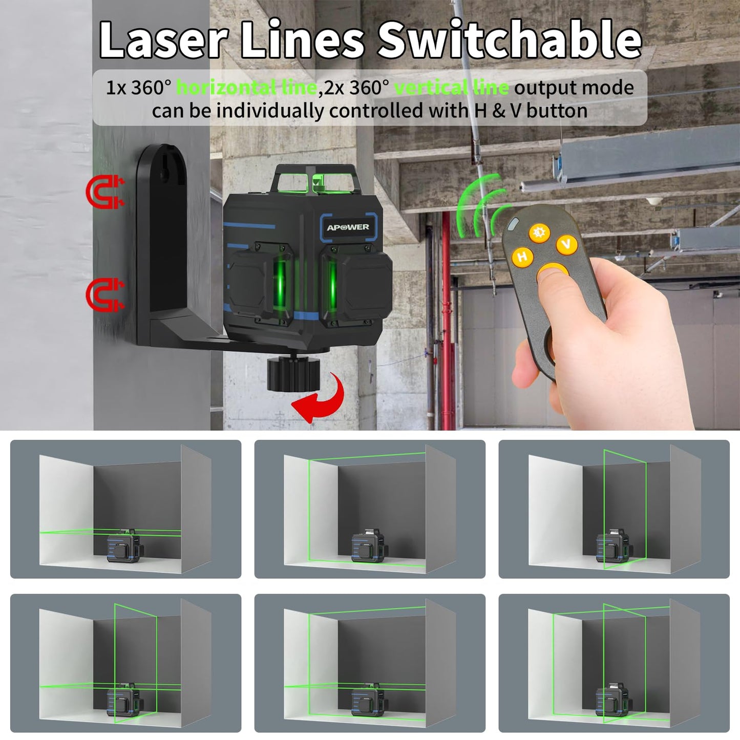 APOWER Laser Level 360 Self Leveling, 3 x 360°Cross Line Laser for Pictures Hanging, Floor Tile, DIY Projects and Home Renovation, L-Magnetic Bracket, Green Lazer Leveler Tool