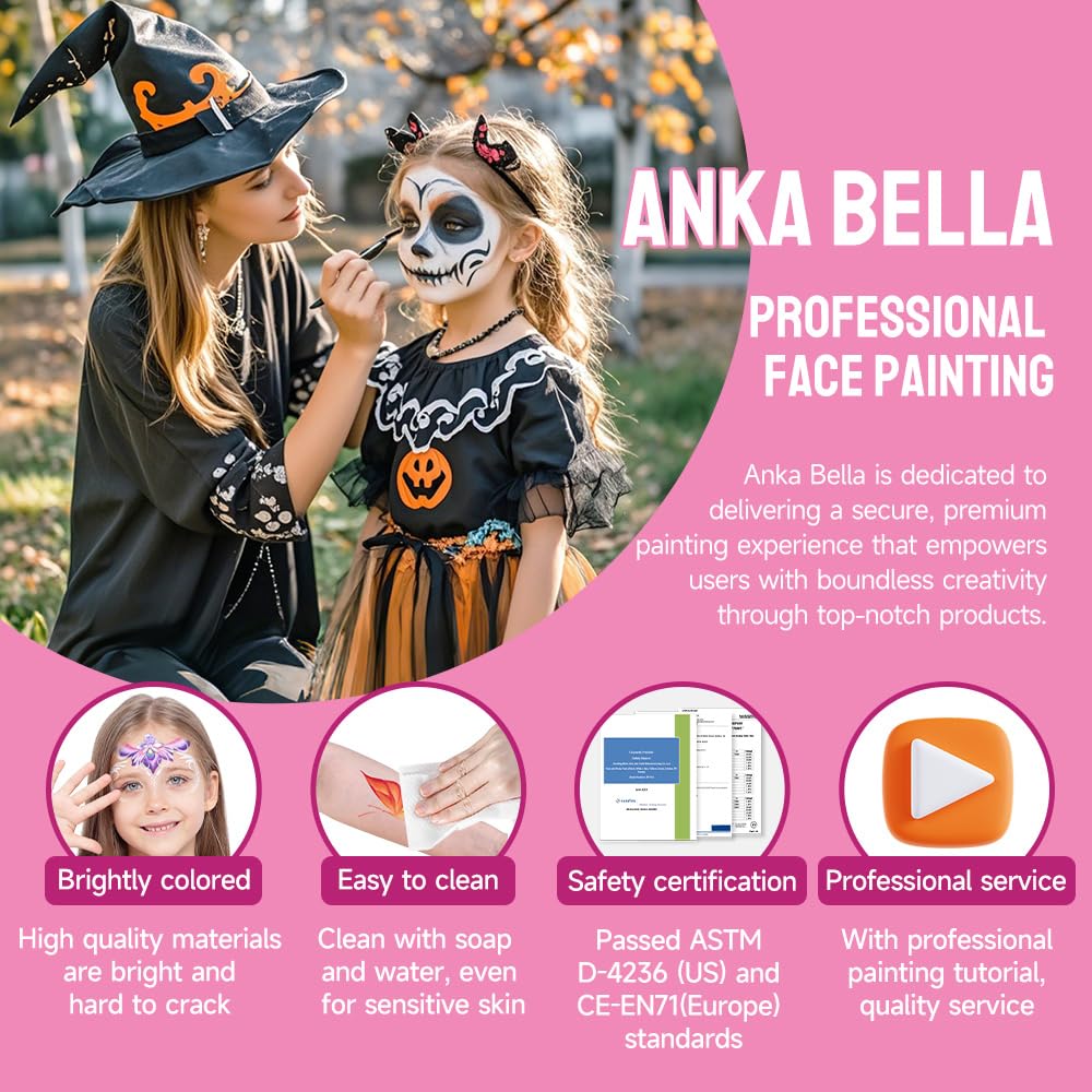 Anka Bella Face Painting Kit Professional12x10gm Water Based Non Toxic Face Paint with Stencils &14 Professional Brushes,for Birthday Halloween Makeup Party ,Rainbow Body Paint Festivals kisd&Adults