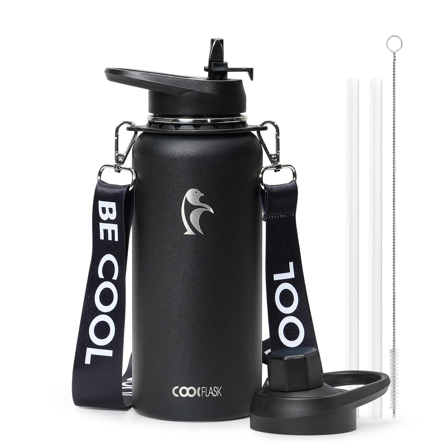 Coolflask 32 oz Water Bottle with Strap, Insulated Metal Water Flask with Straw & Spout Lids, Stainless Steel Double Wall Vacuum, Keep Cold 48h Hot 24h, Leak Proof & Non-BPA, Magic Black