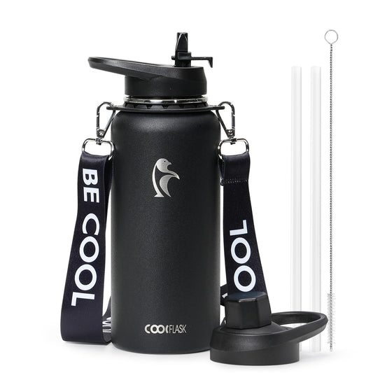 Coolflask 32 oz Water Bottle with Strap, Insulated Metal Water Flask with Straw & Spout Lids, Stainless Steel Double Wall Vacuum, Keep Cold 48h Hot 24h, Leak Proof & Non-BPA, Magic Black