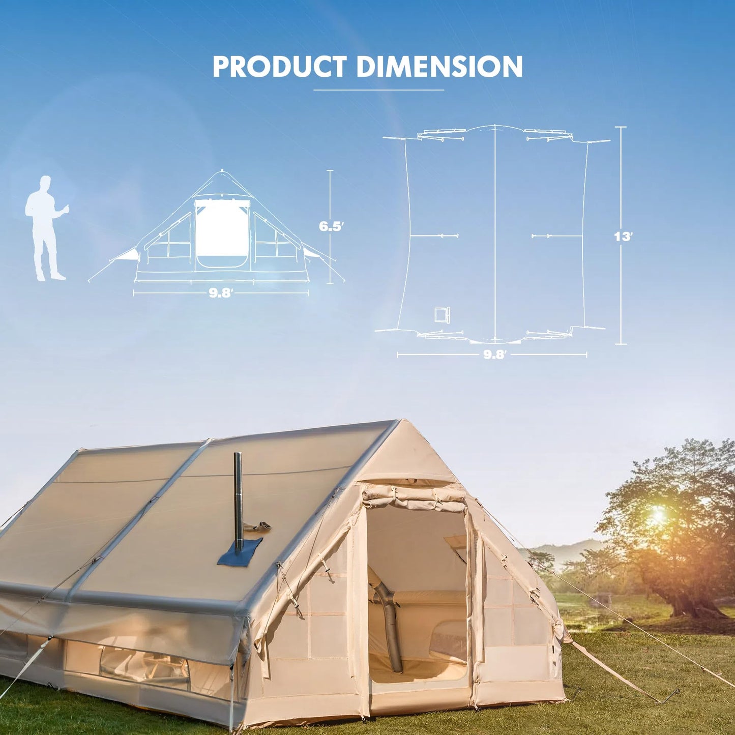 YOLENY Large Inflatable Tent for 8-10 Person, Waterproof Blow Up Camping Tent, Easy Setup 130 Square Glamping Cabin with Mesh & Chimney Windows
