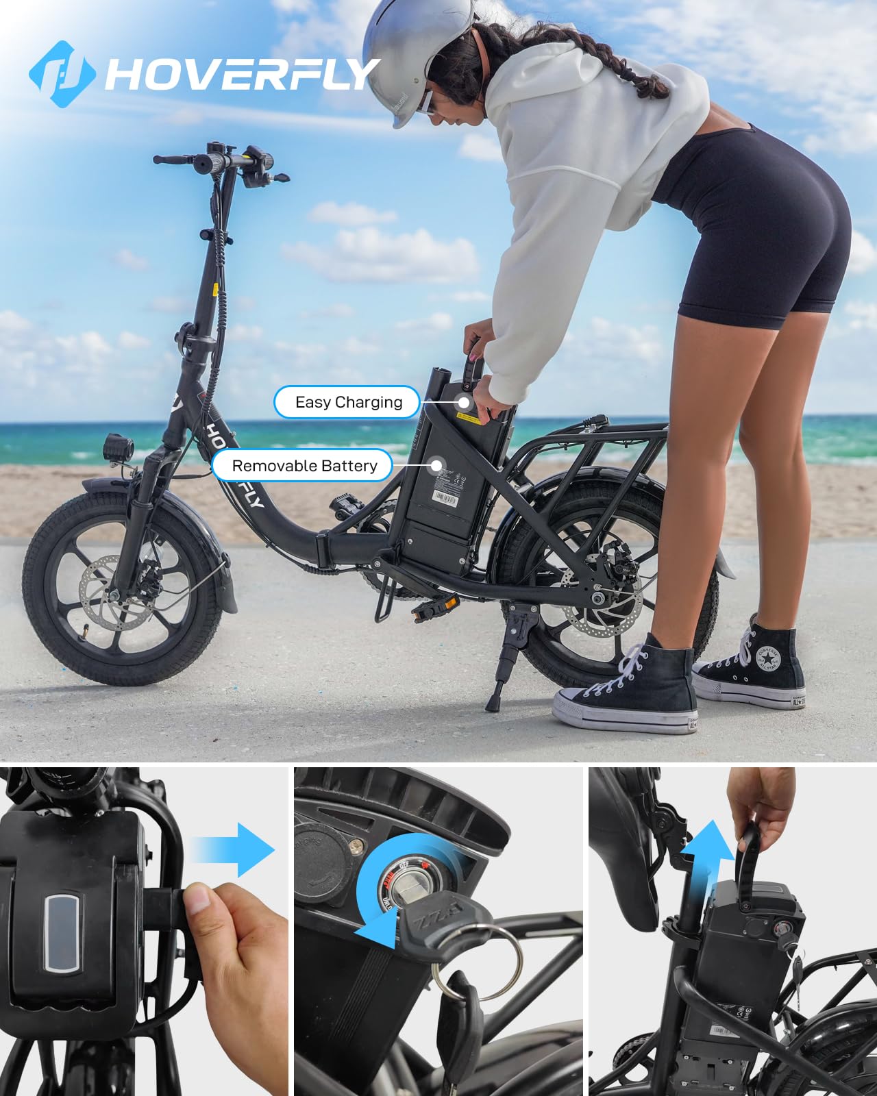 HOVERFLY H3 16" Electric Bike, Max 28Miles Range(Pedal-Assist) & Speed 15.5 Mph Power by 500W Peak Motor, Folding E-Bike with Removable Battery, Front Suspension and Commuter Electric Bicycle Adults
