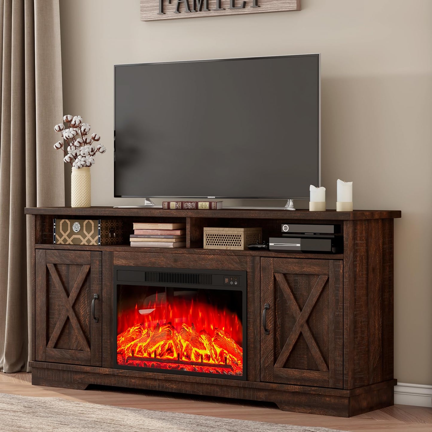 AMERLIFE 63" Farmhouse TV Stand with 26" Fireplace, for TVs up to 73", Media Entertainment Center with Adjustable Shelf & Barn Doors, Rustic TV Console Cabinet for Living Room, Reclaimed Barnwood