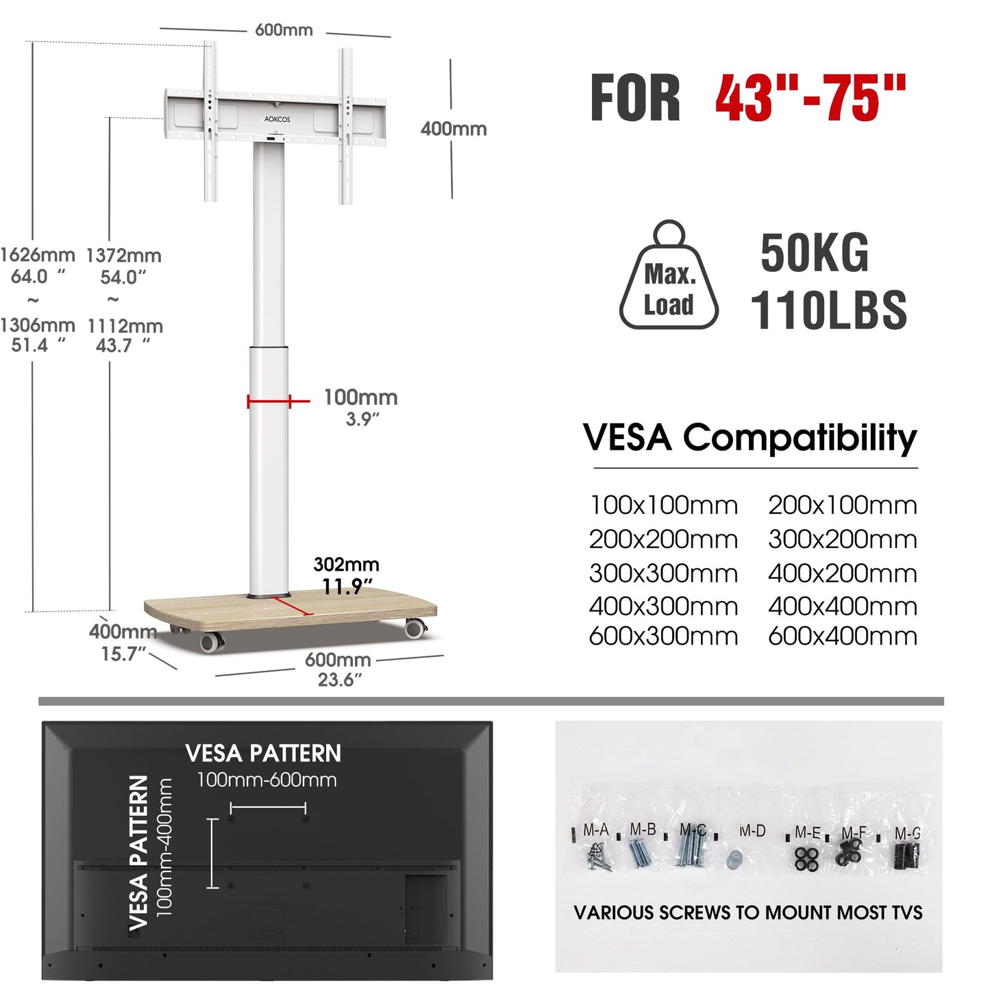 AOKCOS Rolling TV Stand for 43 50 55 60 65 70 75 Inch TVs, Portable Mobile TV Stand on Wheels, 10-Level Height Adjustable TV Cart with Swivel & Tilt Mount for Bedroom/Living Room/Office/Corner