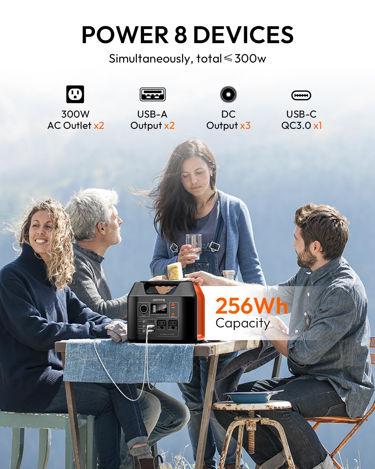 Apowking Portable Power Station 300W Rated(600W Peak), 256Wh LiFePO4 Battery, Solar Powered Power Bank with 2 AC Outlet 110V Pure Sine Wave, Solar Generator for Home Outdoor Camping Emergency