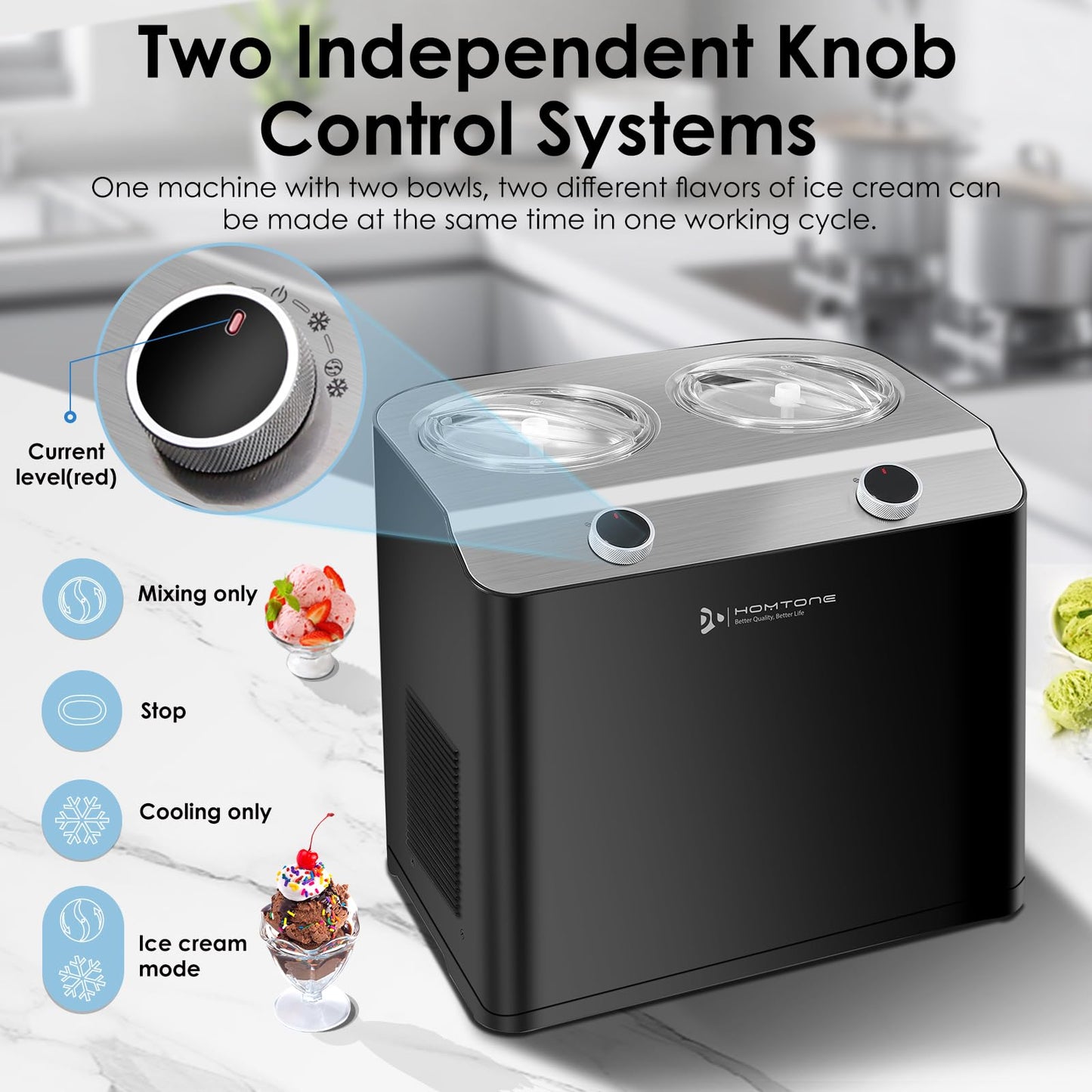 Homtone 2 Flavor Ice Cream Maker,Automatic Compressor Ice Cream Maker Machine with 2 Bowls,2.6QT (2 x 1.3qt) No Pre Freezing, Electric Gelato Maker & Sorbet Maker, 3 Modes, Keep Cool Function