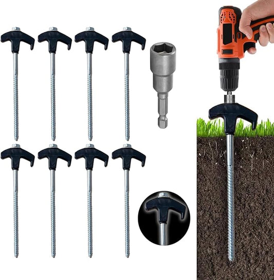 8" Screw in Tent Stakes - Ground Anchors Screw in, Screw in Tent Stakes Heavy Duty, Tent Pegs Camping Stakes, Metal Threaded Tent Spikes, Screw Tent Stakes with Hex Sleeves (8Pcs Black)