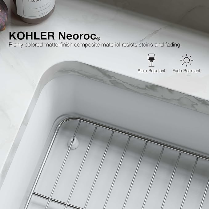 KOHLER K-28000-CM6 Cairn 27.5" Neoroc Composite Undermount Single-Bowl Kitchen Sink, Composite Kitchen Sink with Sink Rack, Matte White