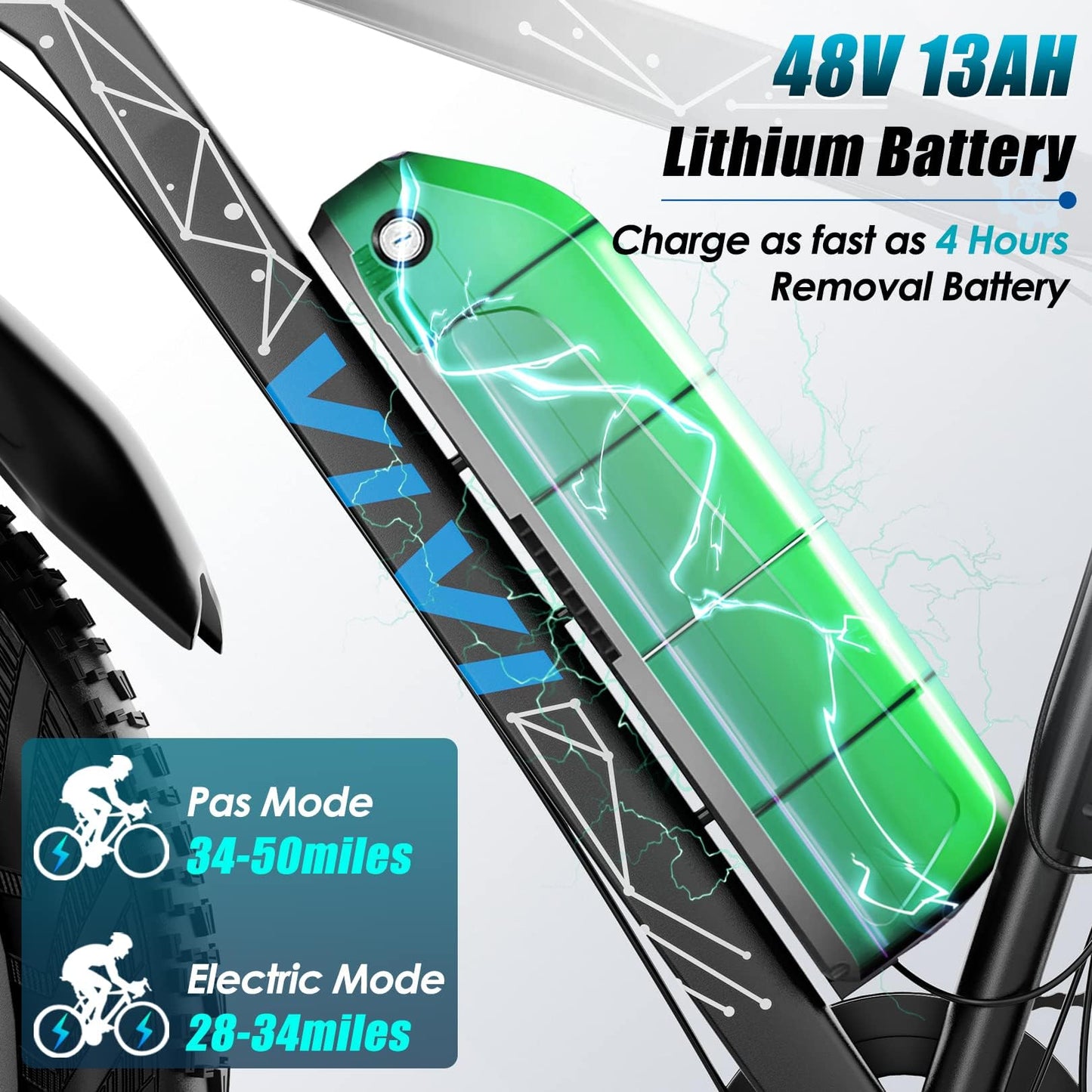 Vivi Electric Bike 26" x 4.0 Fat Tire Electric Bicycle, 1000W Peak Motor Electric Mountain Bike, 25MPH Ebikes for Adults with 48V 13AH Removable Lithium-Ion Battery, Up to 60 Miles