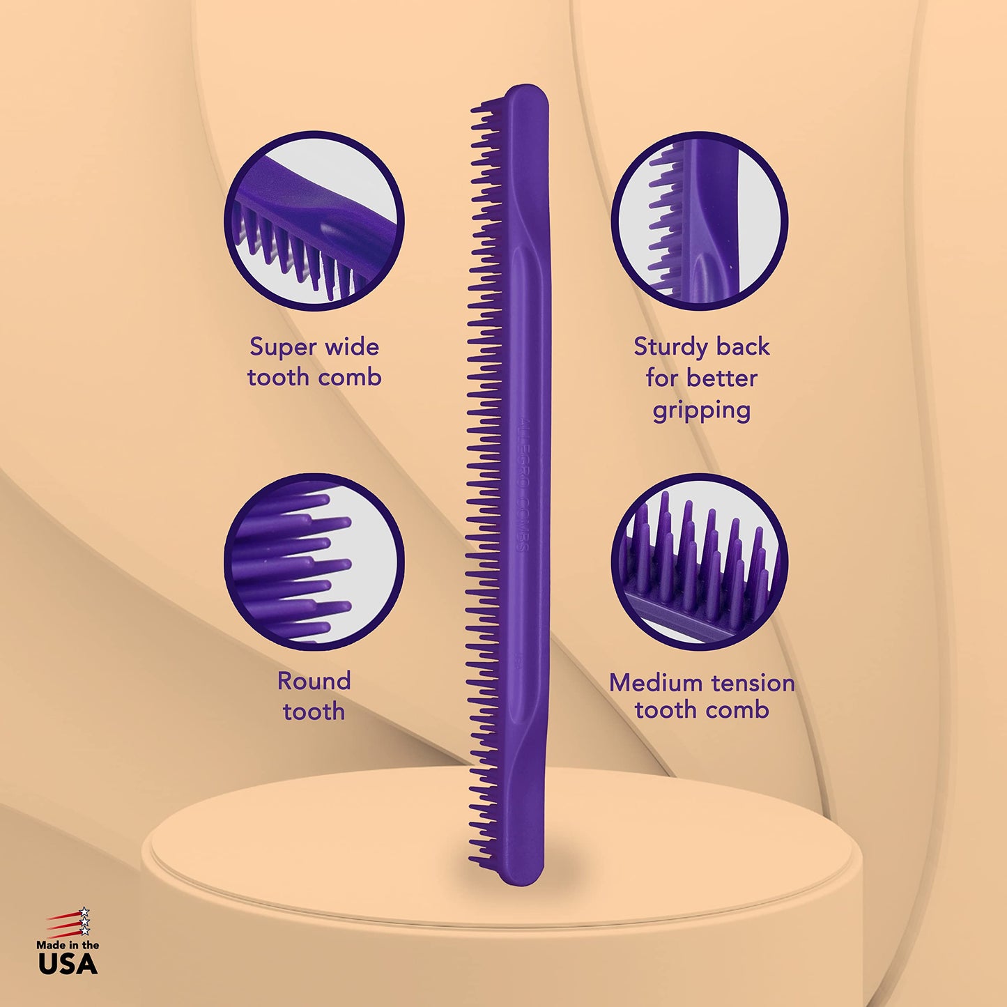 Allegro Combs 3-Row Detangling Comb, Wide Tooth Curl Defining Brush, Perfect for Women Curly Hair Stylists, Curl Defining Comb, Made In The USA, 1 Piece, Purple