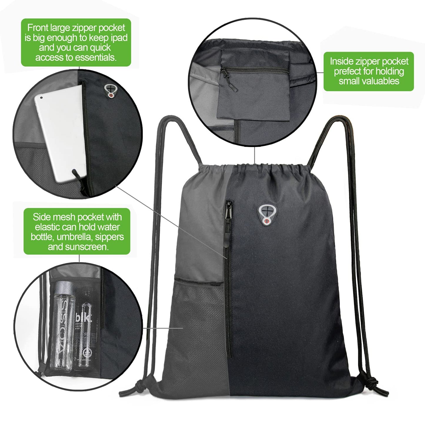 BeeGreem Grey Sport Bag Drawstring Backpack String Bag For Men Women Gym Backpack With Water Bottle Mesh Pockets And Two Zipper Pockets 16" x 20"