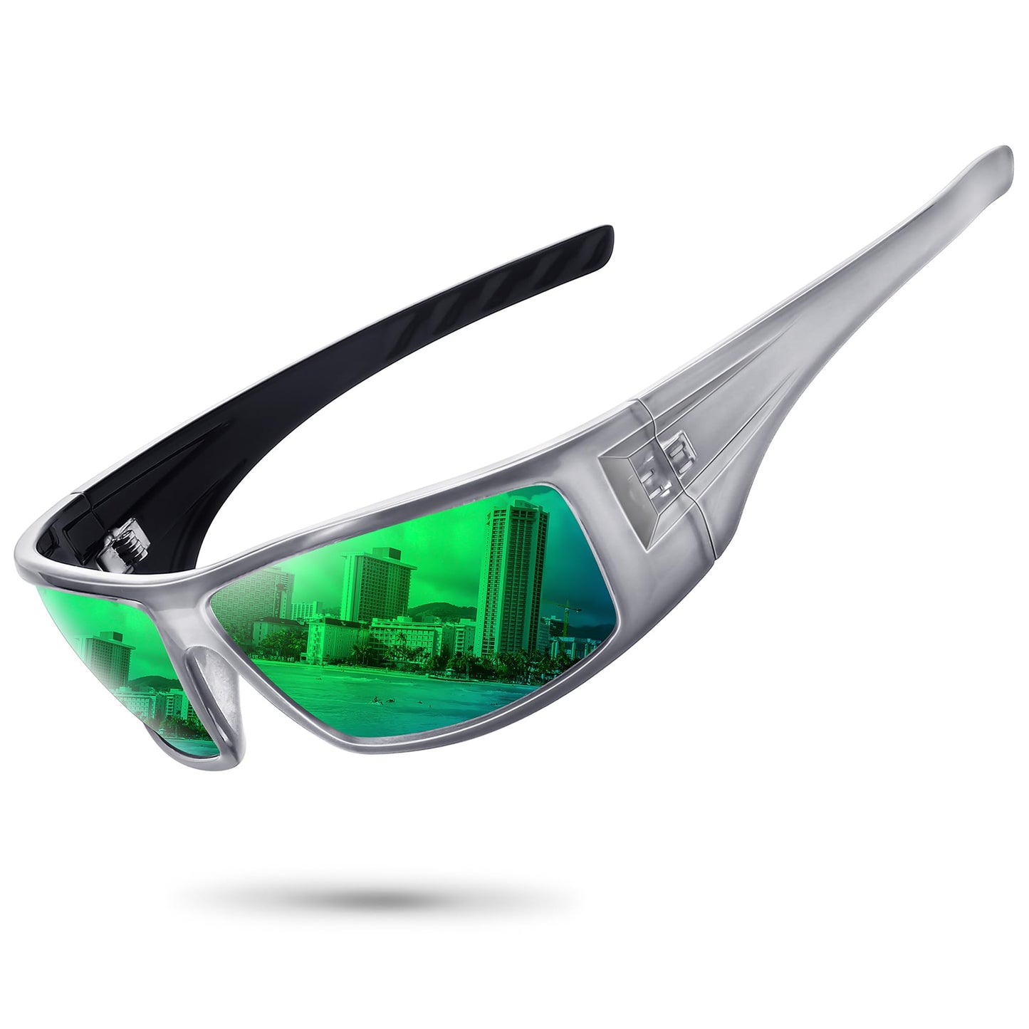 Ofwin Polarized Sports Sunglasses for Men Women Unbreakable Frame Cycling Fishing Wrap Around Sunglasses UV400 Protection Glossy Gray Silver Frame/Green Mirror Lens