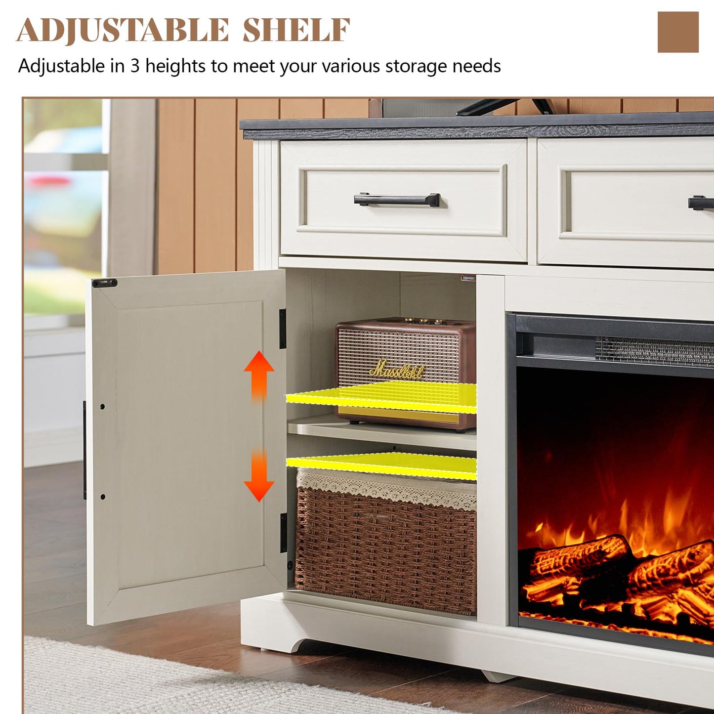 AMERLIFE 70" Farmhouse Fireplace TV Stand, Entertainment Center Table with 30'' Electric Fireplace, TV Console with Storage Cabinet Drawer for TVs Up to 80", Distressed White