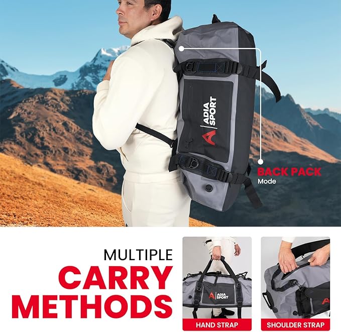 XL Waterproof Duffle Travel Bag for Vacation, Boating - Bag is Heavy Duty and fits 60L (Black & Grey)