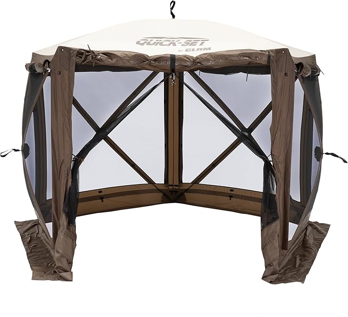 CLAM Pop Up Screen Tent, Outdoor Camping Gazebo Canopy, Adventure with Wind Panels, 9' x 9', Brown