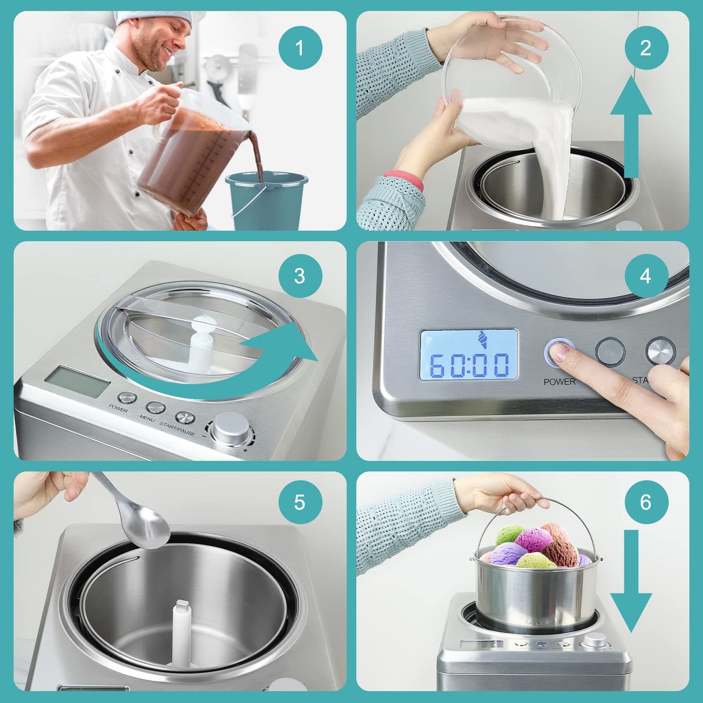 Homtone 2.64 QT Ice Cream Maker, No pre-Freezing & Large Capacity Automatic Ice Cream Machine with Compressor, Easy Operate & Clean, Keep Cooling for 2H, All Stainless Steel, LCD Digital Display