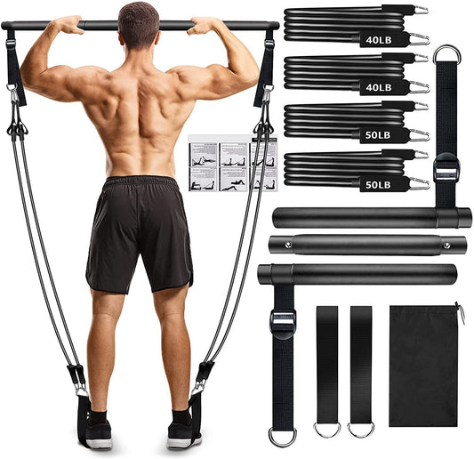 Pilates Bar Kit with Resistance Bands(4 x Bands),3-Section Pilates Bar with Stackable Bands Workout Equipment for Legs,Hip,Waist and Arm,Adjustable Pilates Flexbands Kit Home Gym Yoga Pilates Black