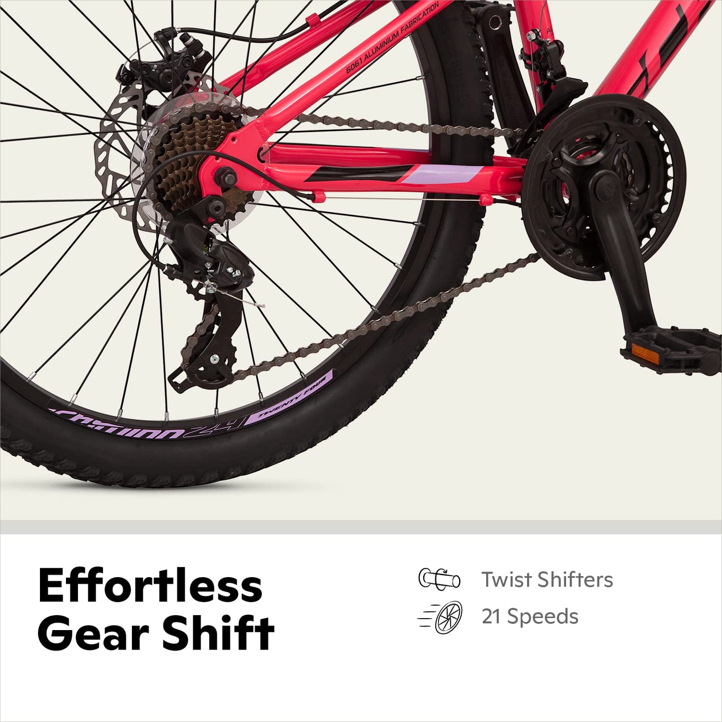 Schwinn High Timber ALX Mountain Bike for Youth Boys Girls, 24-Inch Wheels, 21-Speeds, Front Suspension, Aluminum Frame, Mechanical Disc Brakes, Coral