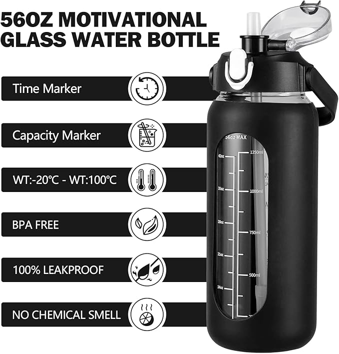 kytffu 56oz Glass Water Bottles with Straw, Motivational Glass Bottle with Silicone Sleeve and Time Marker, Leakproof Large Glass Water Jug for Gym Home Office, Black.