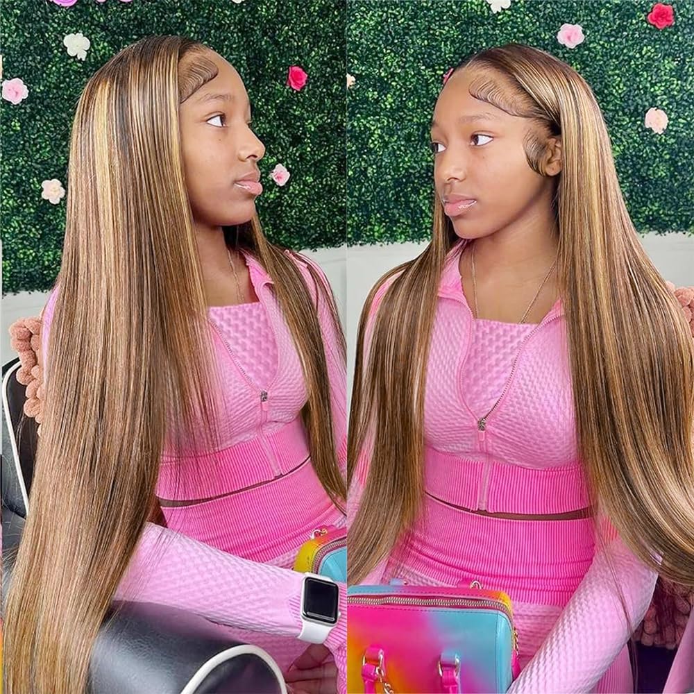 ALLRUN Highlight Lace Front Wig Human Hair 13x6 Highlight Wigs Human Hair Straight P4/27 Highlight Ombre Human Hair Honey Blonde Wig Hd Lace Front Wigs Pre-Plucked With Baby Hair 22 Inch
