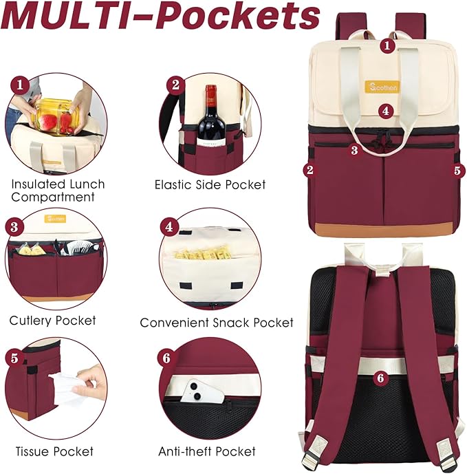 Backpack Cooler with Double Decker & 12 Ice Packs- Keeps 36 Cans Cold for Up to 24 Hours- Waterproof & Leak Proof Insulated Cooler Backpack- Stylish Cooler Bookbag for Women Travel Work Beach