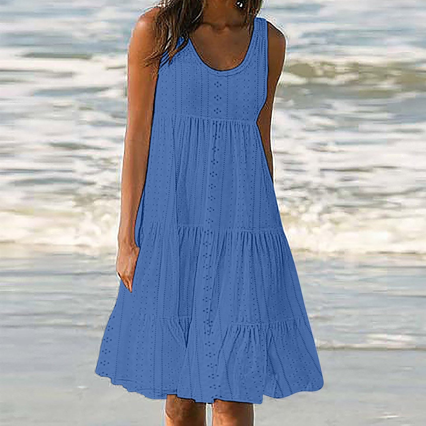 Anjikang Cheap Stuff Under 10 Dollars Summer Dresses for Women 𝟮𝟬𝟮𝟰 Sleeveless Beach Tank Dresses Tiered Ruffle Swing Dress Casual Solid Color Dresses, Large