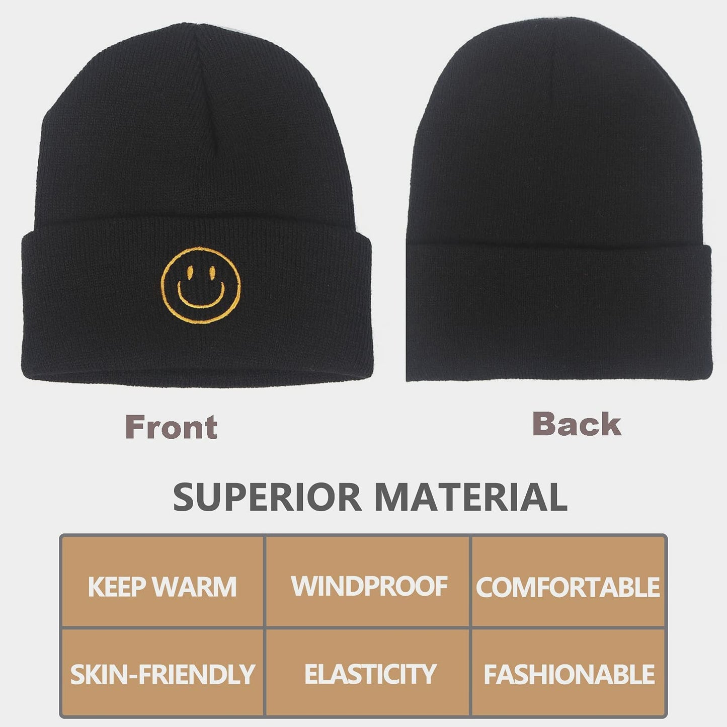 AJG Beanie Hats for Men,Unisex Smile Face Embroidered Acrylic Soft Warm Winter Cuffed Knit Hats for Women (1-Black)