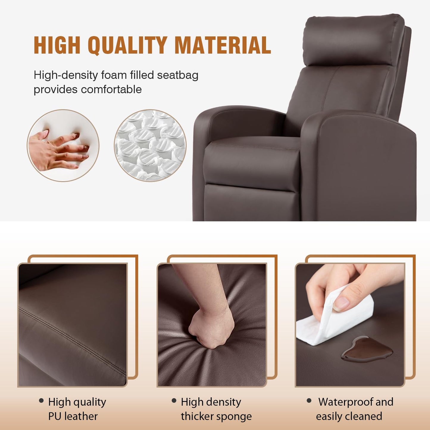 FDW Recliner Chair Single Reclining Sofa Leather Chair Home Theater Seating Living Room Lounge Chaise with Padded Seat Backrest (Brown)