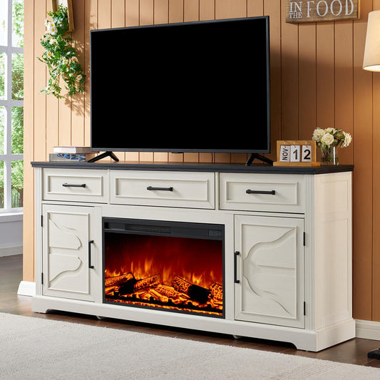 AMERLIFE 70" Farmhouse Fireplace TV Stand, Entertainment Center Table with 30'' Electric Fireplace, TV Console with Storage Cabinet Drawer for TVs Up to 80", Distressed White