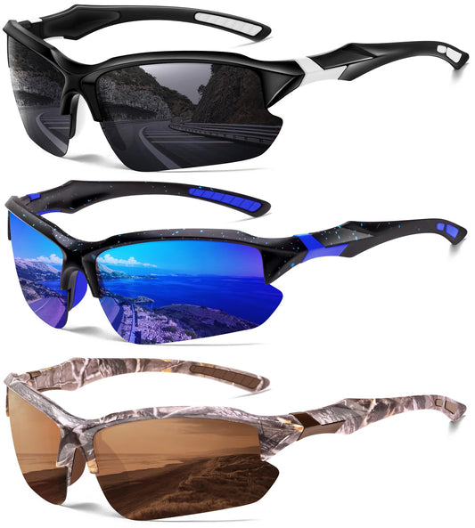 DioKiw 3PACK Sports Polarized Sunglasses for Men Cycling Running Fishing UV400 Protection Sun Glasses Lightweight Half Frame Goggles