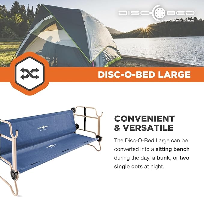 Disc-O-Bed Large Outdoor Convertible 2 Person Bench and Double Camping Cot Portable Bed Bunk System for Adults, Navy