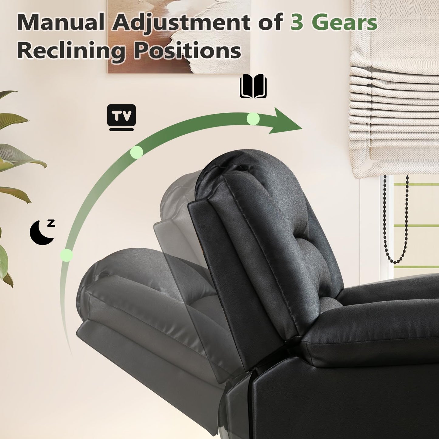 ANJ Black Recliner Chair Set of 2, with Overstuffed Arm and Back, Breathable Faux Leather Manual Reclining Chairs, Living Room Single Sofa Recliners