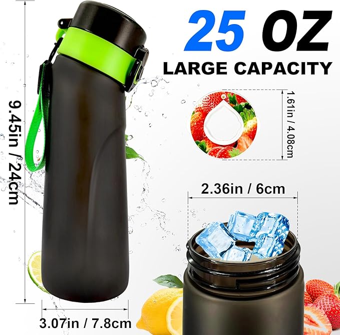 Air Water Bottle with Flavor Pods, 25 OZ Tritan Sports Water Bottle with Straw, Scented Water Bottle with Handle (Black Green+4 Flavor Pods)