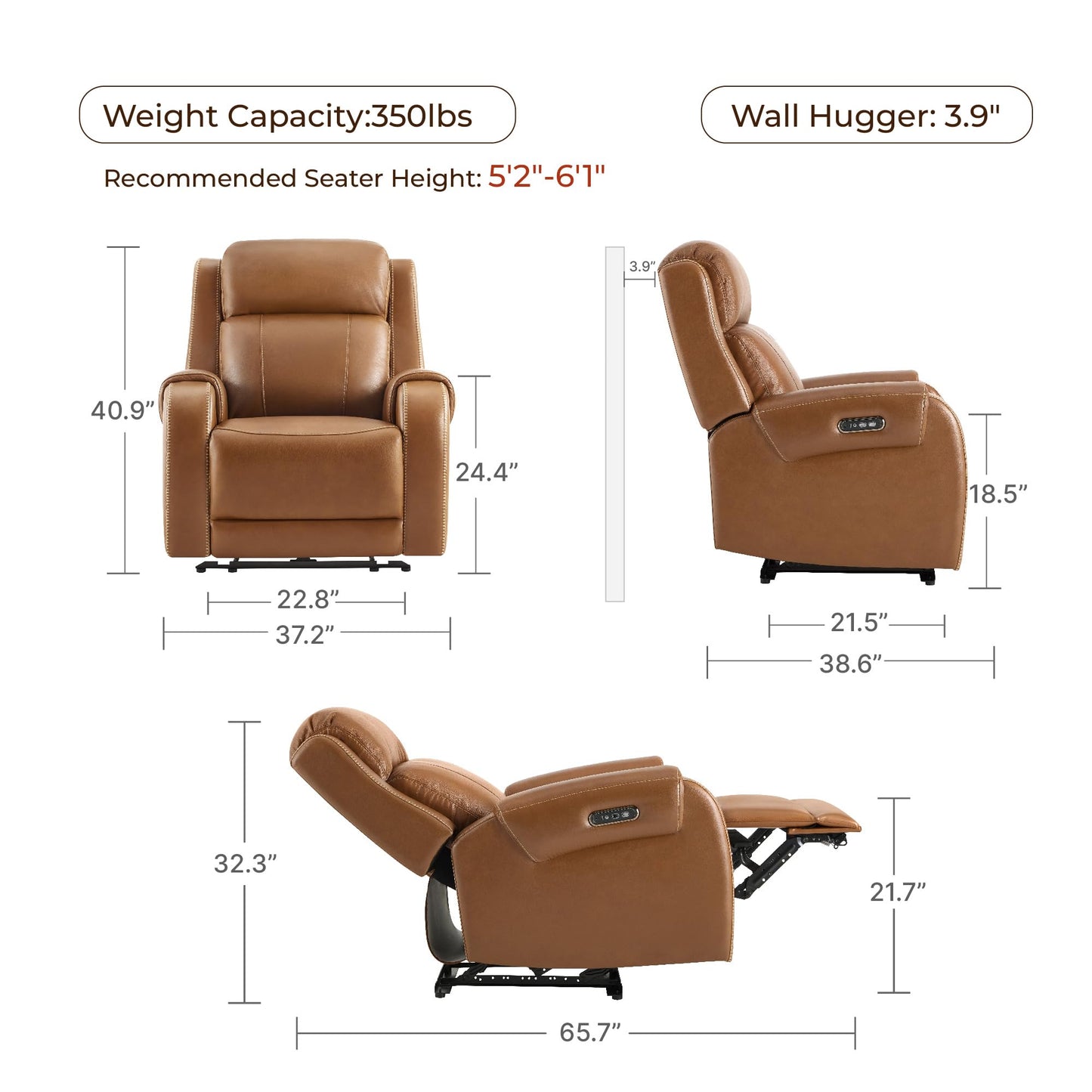 CHITA Genuine Leather Power Recliner Chair for Adults, Electric Wall Hugger Recliner with Adjustable Power Headrest & USB/Type-C Ports, Compact for Small Spaces & Living Rooms, Saddle Brown