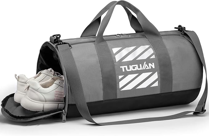 TUGUAN Basketball Gym Bags for Men Women Small Travel Duffle Bag Wet Pocket & Shoes Compartment Overnight Weekender Duffel Bag Sports Gym Tote bag Man 40L, grey