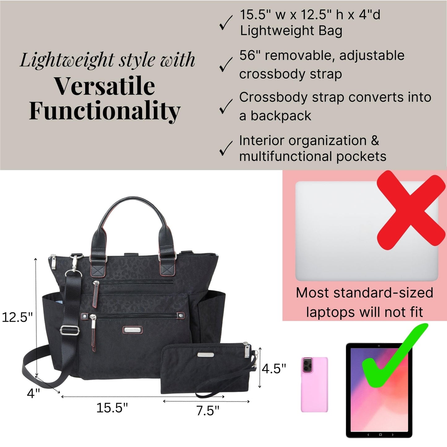 Baggallini womens 3-in-1 Convertible Backpack with RFID phone wristlet, Black Cheetah Emboss, One Size US