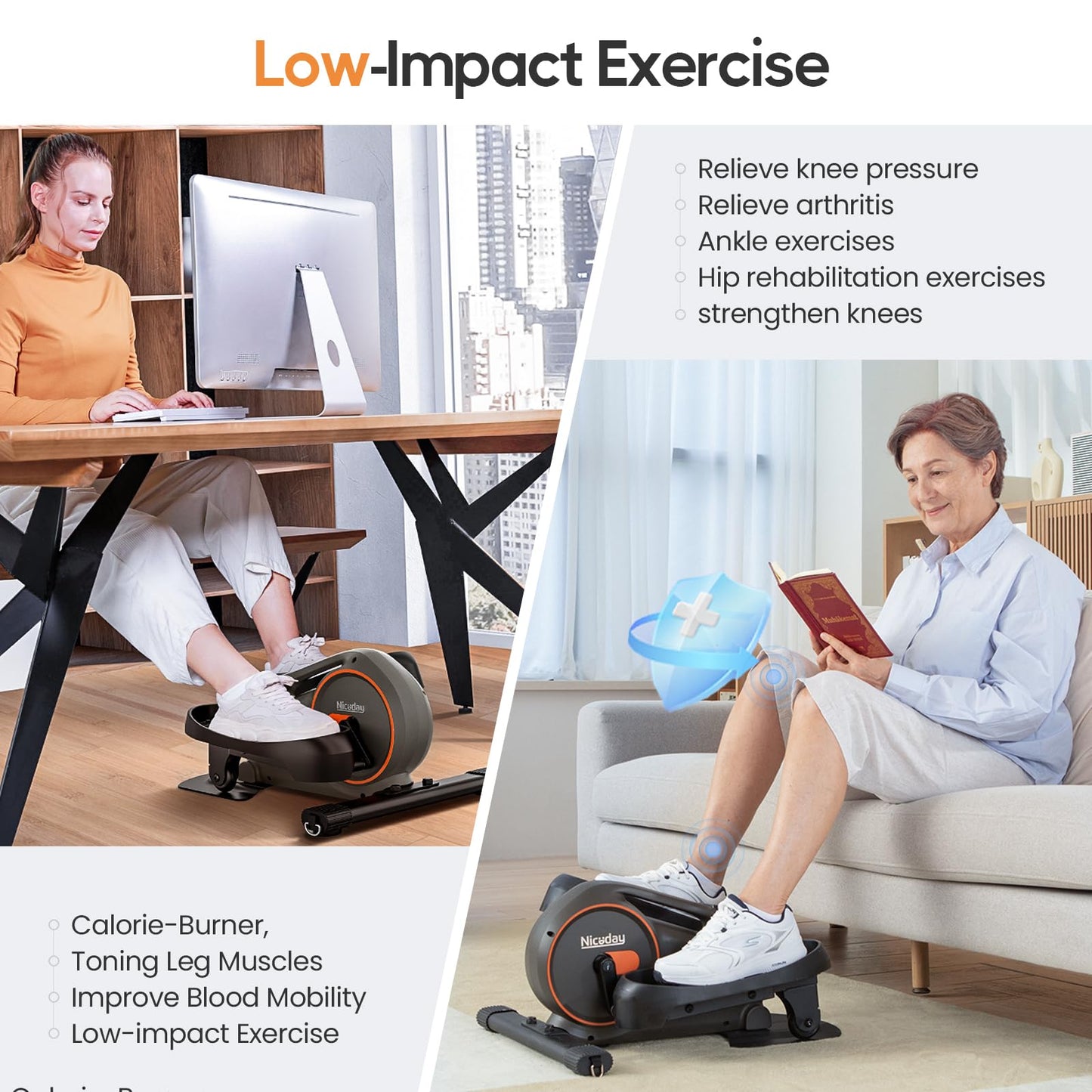 Niceday 2-in-1 Under Desk Elliptical, Ellipse Leg Exerciser with Seated/Stand Use, Manual, Quiet, Adjustable Resistance, Foot Pedal Exerciser, Ideal for Seniors.