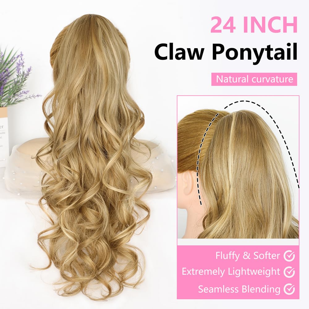 ALXNAN Ponytail Extension,24 Inch Claw Ponytail Hair Extensions for Women，Claw Clip in Long Wavy Synthetic Dark Ash Blonde with Golden Ends Ponytail Extension for Daily Use.