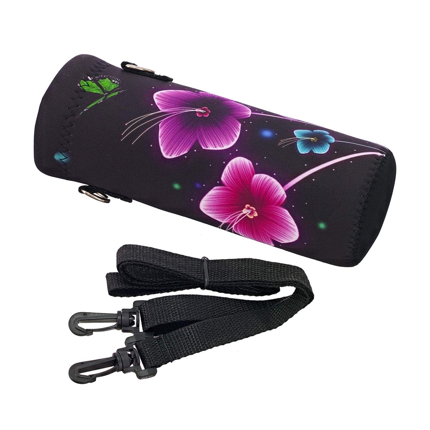 RICHEN Neoprene Water Bottle Carrier Bag with Adjustable Shoulder Strap,Insulated Water Bottle Cover for 500ml/16oz Stainless Steel/Glass/Plastic Bottles (Colorful Flowers,500ML)