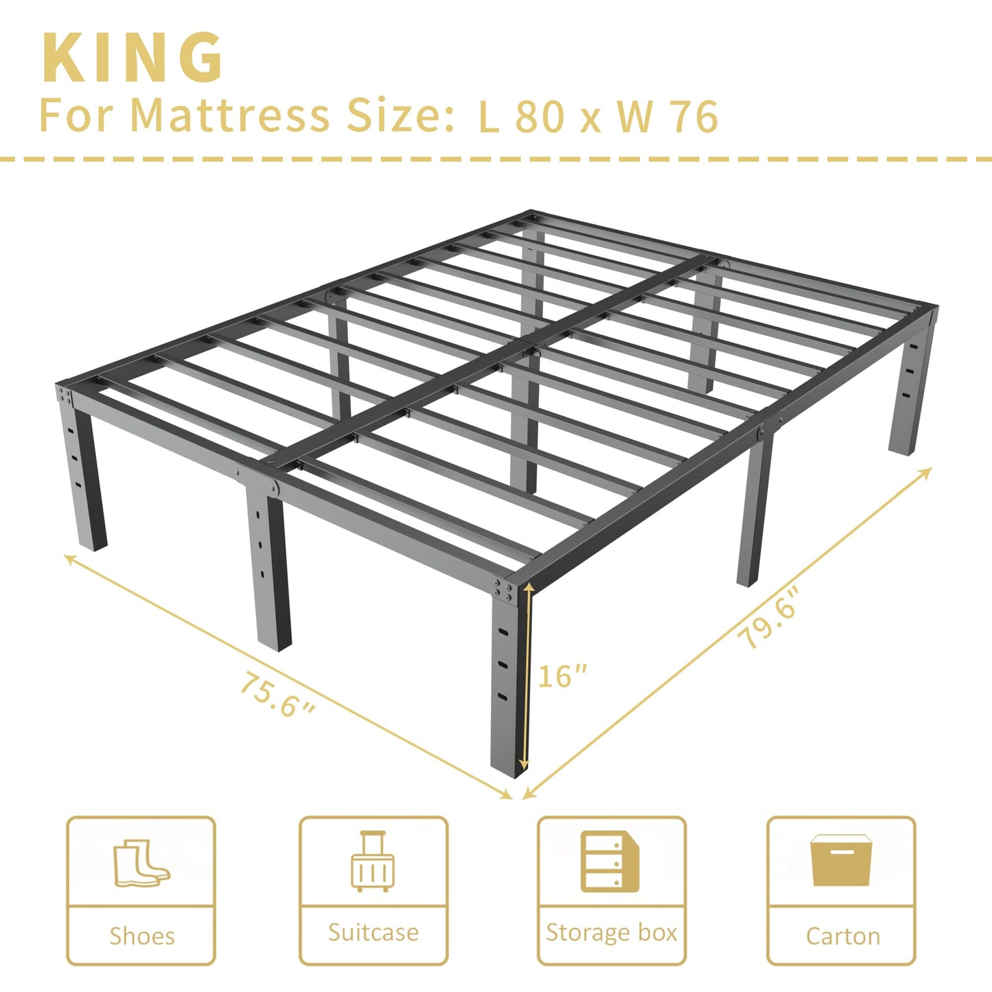 ALDRICH Metal King Size Bed Frame - 16 Inch Tall Black Basic Steel Slats Platform, Easy Assembly Heavy Duty Noise Free Bedframes, No Box Spring Needed