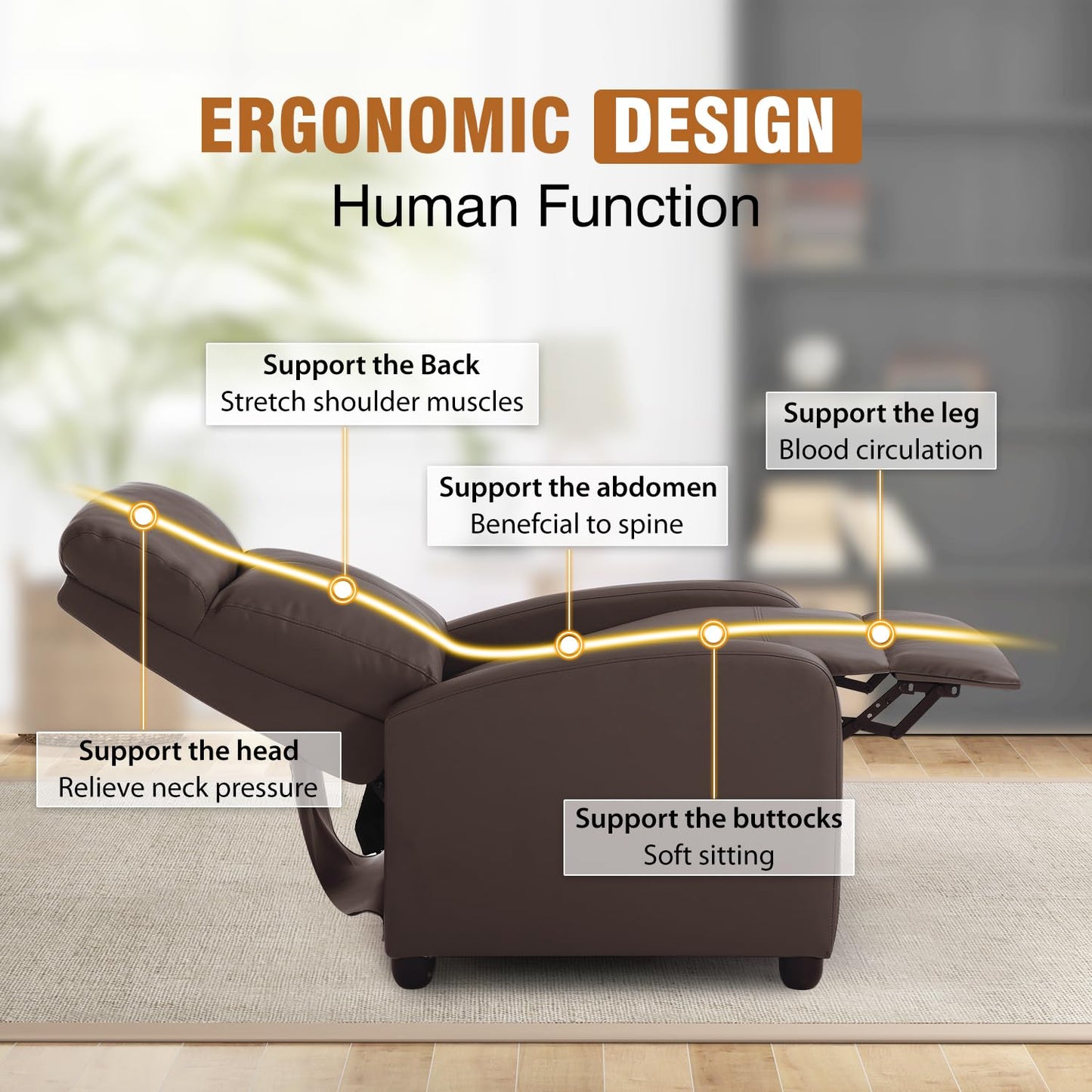 FDW Recliner Chair Single Reclining Sofa Leather Chair Home Theater Seating Living Room Lounge Chaise with Padded Seat Backrest (Brown)