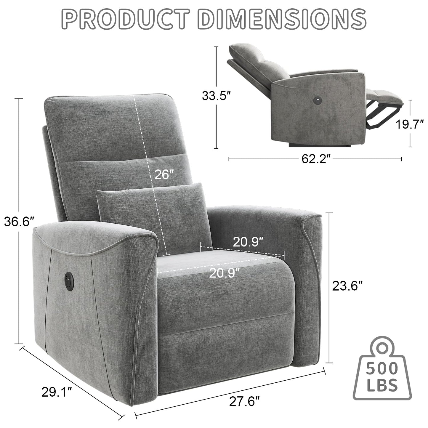 MECHYIN Power Recliner Chair for Adults, Reclining Sofa Chair, Adjustable Home Theater Seating Lounge with Lumbar Support, Small Recliners for Living Room with Charging Ports (Lividity)
